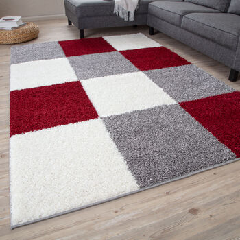 The Rugs Geometric Shaggy Rug Red Checkered Rug, 5 of 12