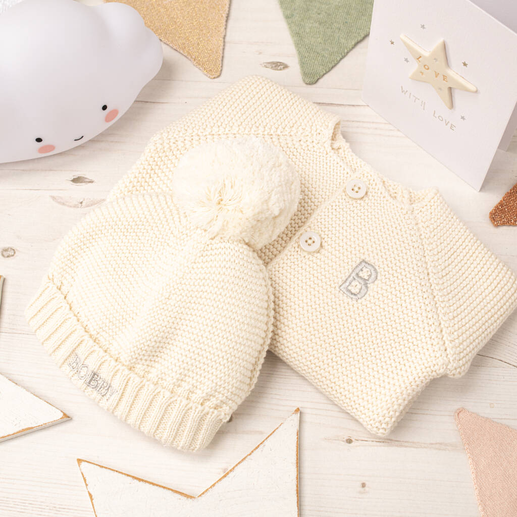 Luxury Cream Bobble Hat And Cardigan Baby Gift Set, 1 of 12