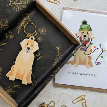 Golden Retriever Wooden Keyring With Optional Christmas Card, 2 of 9