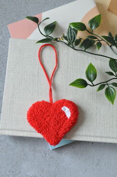 Red Heart Punch Needle Bag Charm And Car Mirror Hanging, 2 of 4