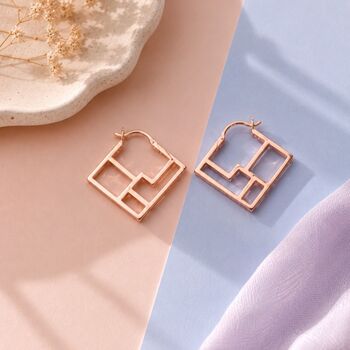Square Art Deco Geometric Silver Hoop Earrings, 5 of 7