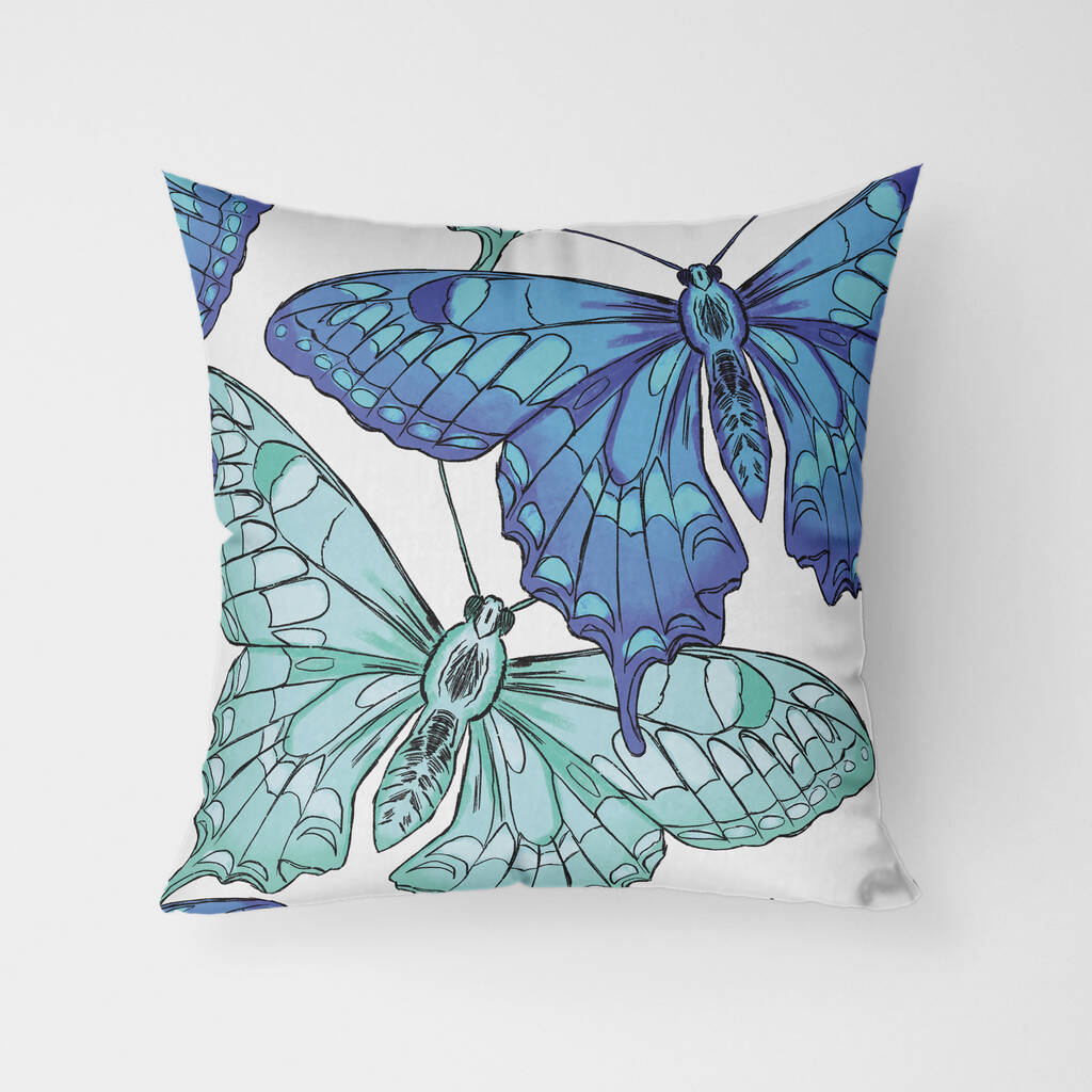 Blue Butterflies Water Resistant Outdoor Cushion By MBT Studio