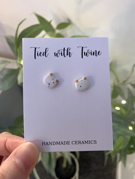 White Rainbow Specked Ceramic Cat Stud Earrings, 7 of 7