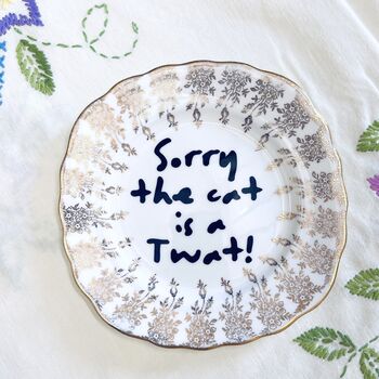 Sorry The Cat Is A Twat Upcycled Vintage Plate, 2 of 9
