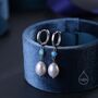 Sterling Silver Genuine Freshwater Pearl And Blue Opal Huggie Hoop Earrings, thumbnail 1 of 10