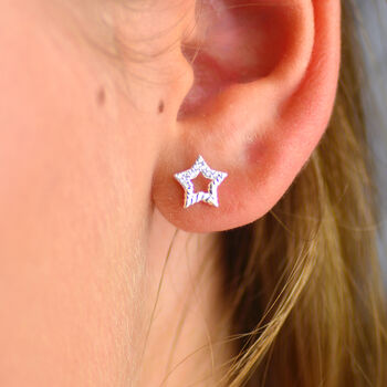 Sterling Silver Cz Open Star Stud Earrings, 3 of 7