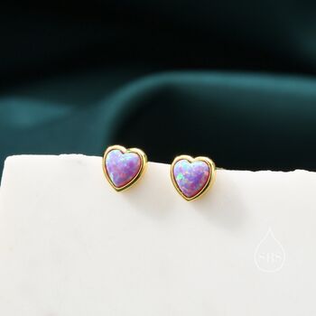 Sterling Silver Purple Opal Heart Stud Earrings, 4 of 10