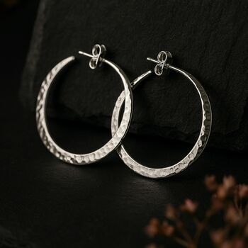 Large Sterling Silver Hammered Hoop Earrings, 5 of 10