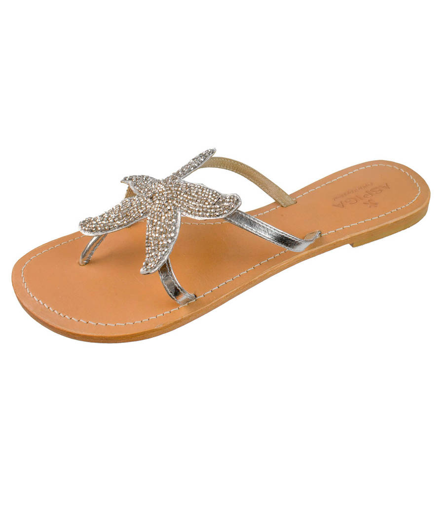 silver starfish beaded flat leather sandals by aspiga ...