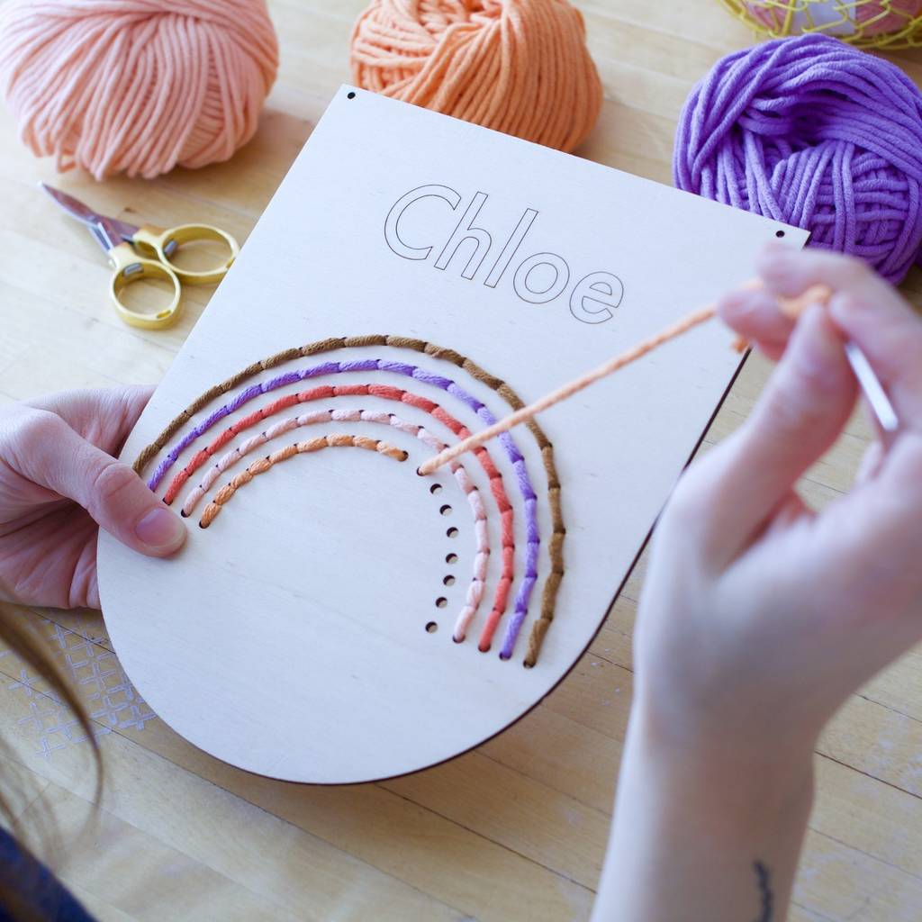 personalised large natural rainbow embroidery kit by cotton clara