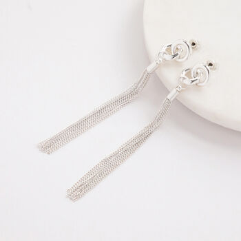 Silver Colour Knot And Tassel Design Long Drop Earrings, 3 of 3