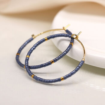 Gold Plated Open Hoop Earrings With Blue / Gold Beads, 2 of 4