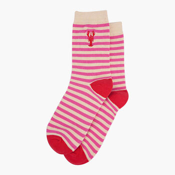 Striped Embroiderd Lobster Ankle Socks Women's Pink, 2 of 3