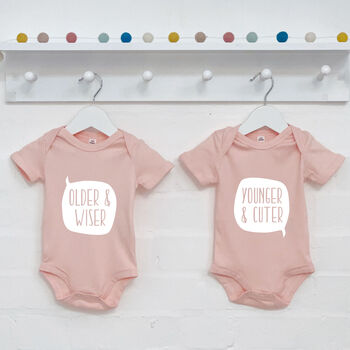 Twin Babygrow Set Older And Wiser Vs Younger And Cuter, 3 of 5