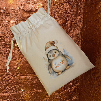 Personalised Penguin Drawstring Christmas Gift Bag, 2 of 4