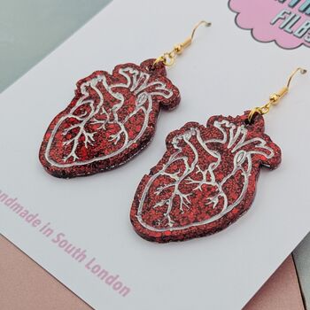Red Glitter Anatomic Heart Resin Earrings, 4 of 4