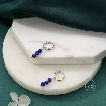 Sterling Silver Genuine Lapis Lazuli Stone Trio Huggie Hoop Earrings, 4 of 10