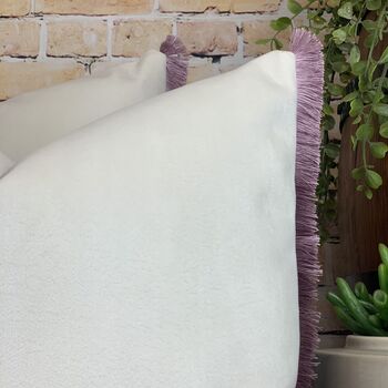 Velvet Optic White With Lilac Pink Fringe Cushion, 5 of 10
