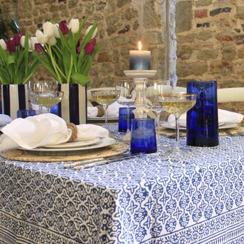 Azure Blue And White Block Printed Tablecloth, 4 of 4