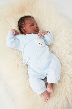 Personalised Blue Ribbed Teddy Boucle Wrap Baby Romper, 3 of 4