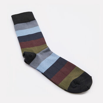 Mens Black, Blue And Khaki Block Stripe Cotton Socks, 5 of 7