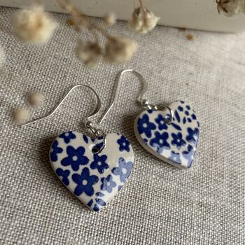 Blue Flower Ceramic Heart Earrings, 6 of 10