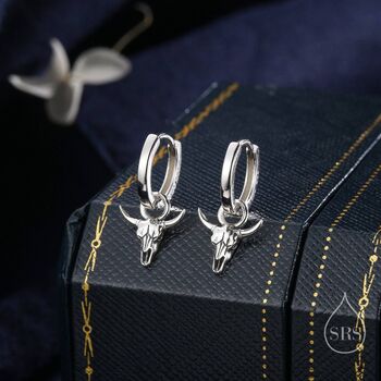 Sterling Silver Tiny Bull Skull Huggie Hoop Earrings, 2 of 10