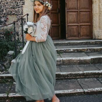 Classic Sage Green Bohemian Flower Girl Dress, 5 of 8