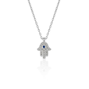 Hamsa Hand Necklace Sterling Silver With Blue Stone, 6 of 7