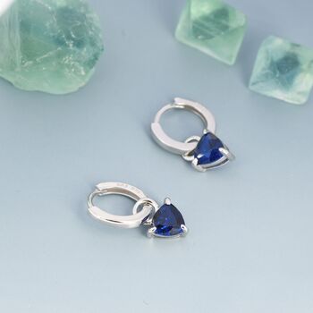 Sterling Silver Sapphire Blue Trillion Cut Cz Hoop Earrings, 7 of 12