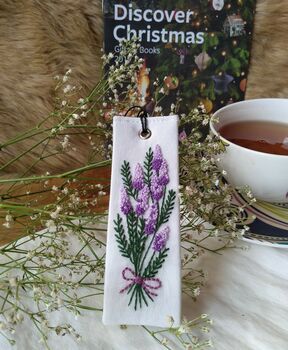 Hand Embroidered Buddleia Flower Linen Bookmark, 5 of 7