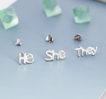 Sterling Silver He She They Pronoun Stud Earrings, 7 of 12