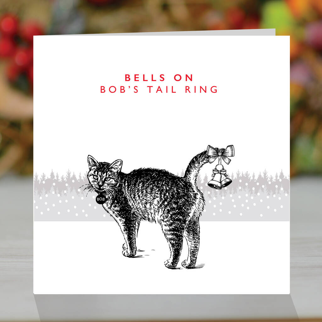 Bells On Bob's Tail Ring, Cat Lovers Christmas Card, 1 of 2