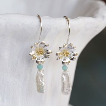 Silver Baroque Pearl And Flower Dangle Earrings, 3 of 5
