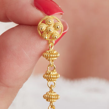 Gold Filigree Stud Long Drop Earrings. Gold Vermeil, 4 of 7