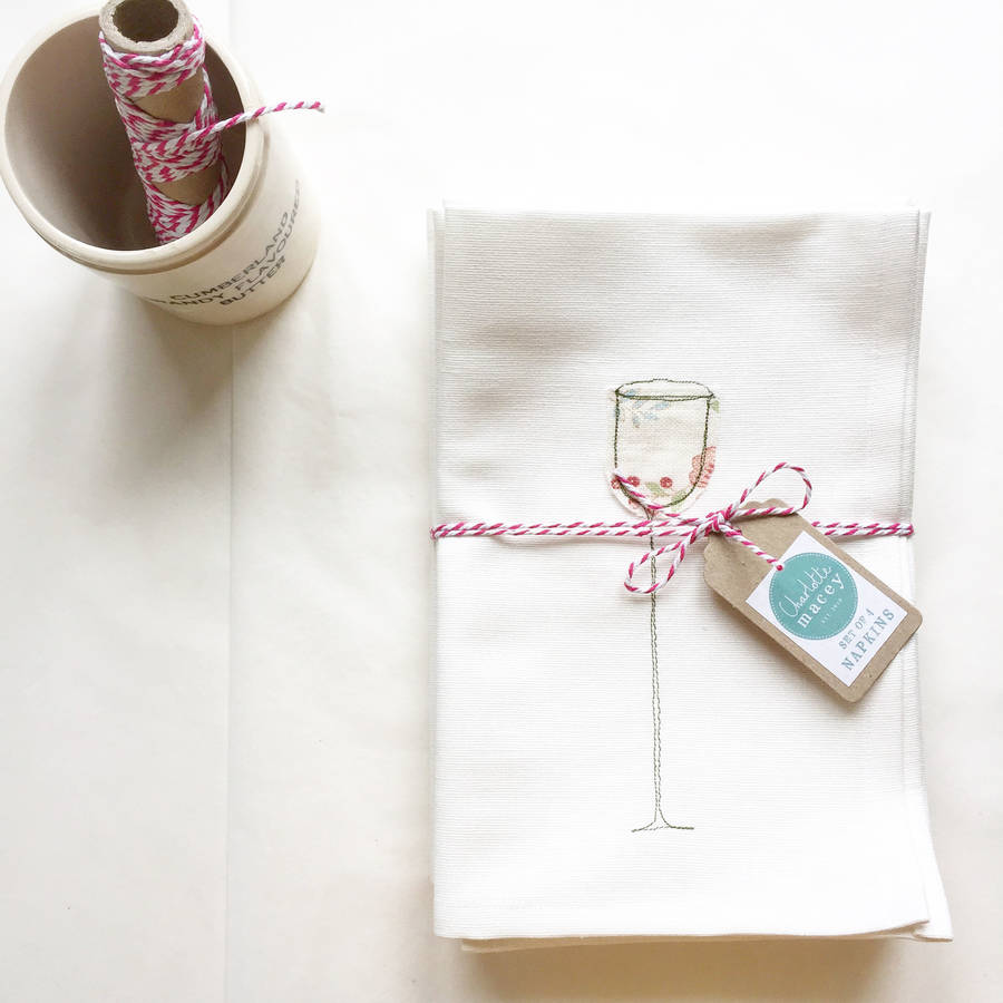 Embroidered Wine Glass Napkins By Charlotte Macey