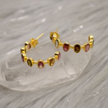 Pink Green Tourmaline Silver Hoop Earrings, 3 of 12
