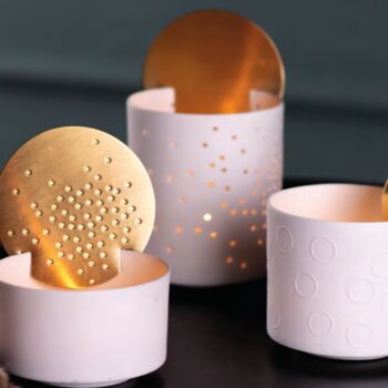 White Porcelain Tealight Holder With Brass Disc, 4 of 4