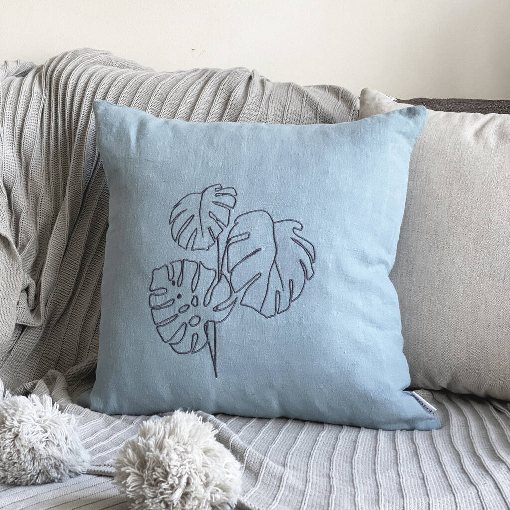 Blue Linen Embroidered Cushion Cover, 1 of 6