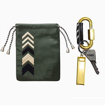 Carabiner Keyring And Personalised Leather Pouch, Green, 2 of 6
