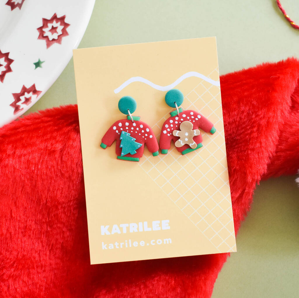 Mismatched Cosy Christmas Jumper Earrings, 1 of 3