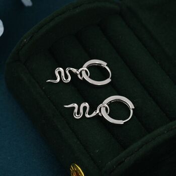 Snake Huggie Hoop Earrings In Sterling Silver, 5 of 11