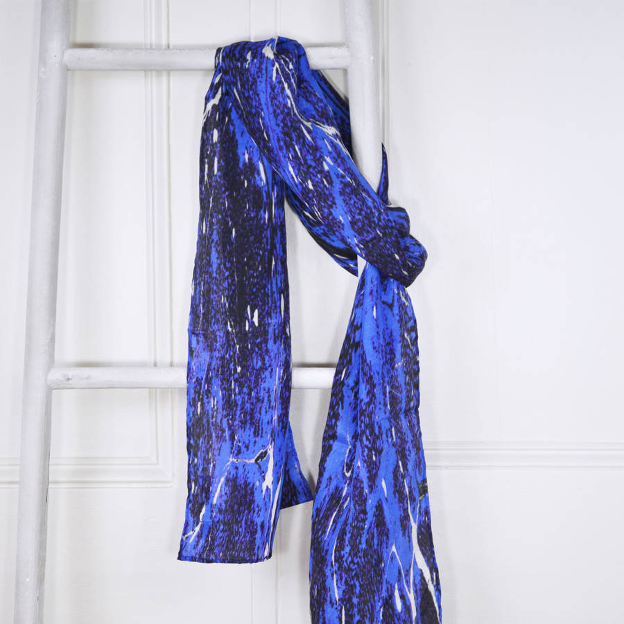 Azurite Blue Marble Print Silk Skinny Scarf By Edition de Luxe ...