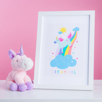 Pastel Unicorn And Rainbow Themed Nursery Bedroom Print, 3 of 5
