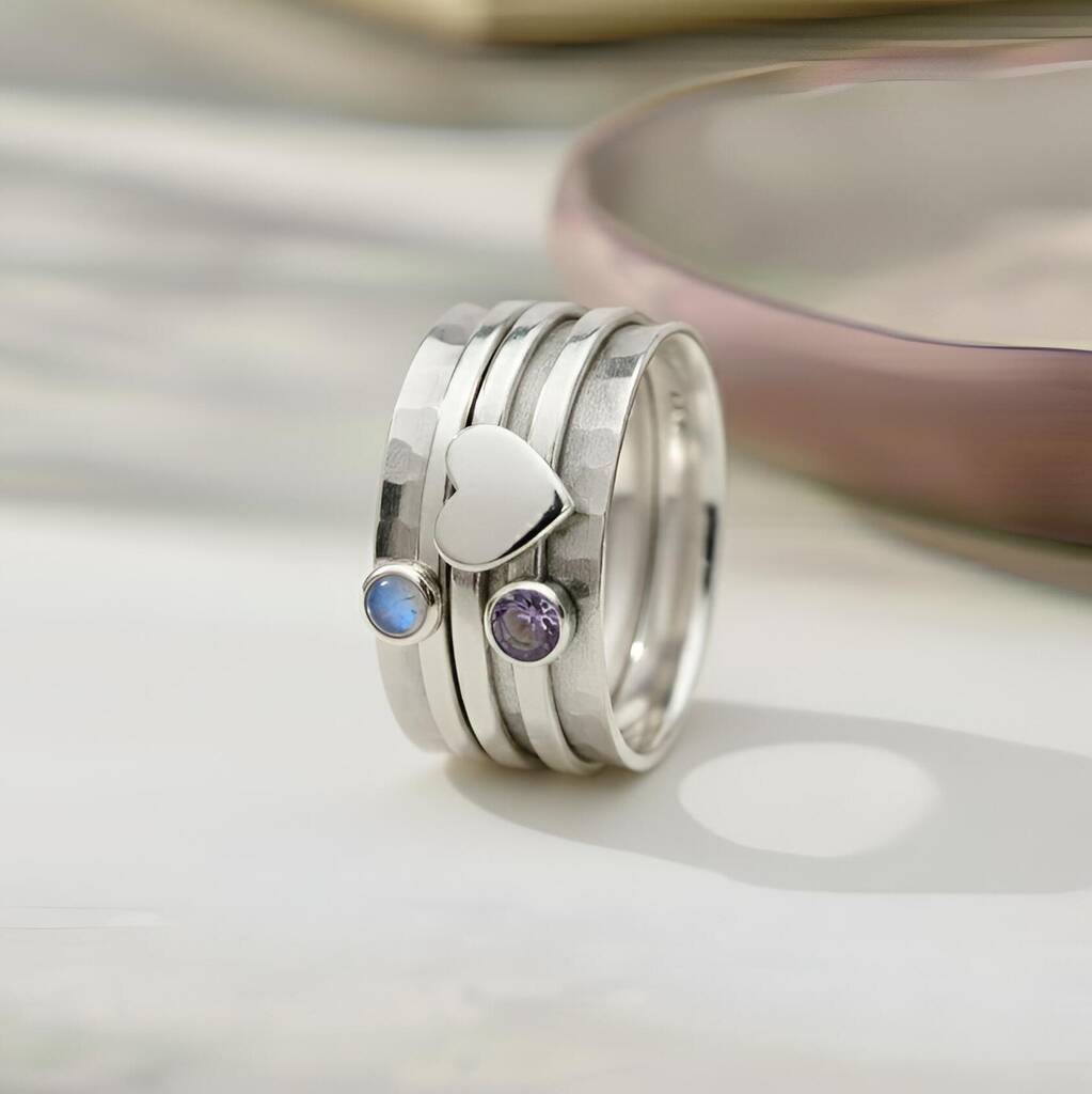 Sterling Silver Amethyst And Rainbow Moonstone Worry Ring – Wide Hammered Spinner Band, 1 of 4