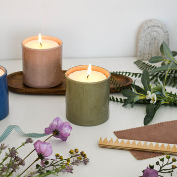 Lino Print Botanical Candle Pot With Refill Olive Green, 6 of 7