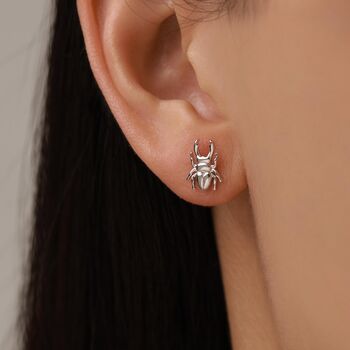Sterling Silver Stag Beetle 16g Flat Back Stud Earrings, 7 of 11