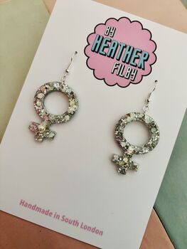 Silver Feminist Sign Glitter Earrings / Girl Power Jewellery / Empowered Woman Statement / International Women's Day Gift, 4 of 5