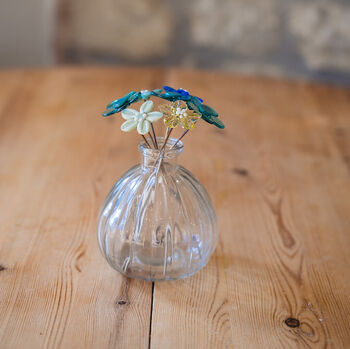 Teal And Turquoise Glass Flowers With Cut Glass Vase, 4 of 10