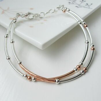 Double Stranded Silver And Rolled Rose Gold Bracelet, 2 of 6